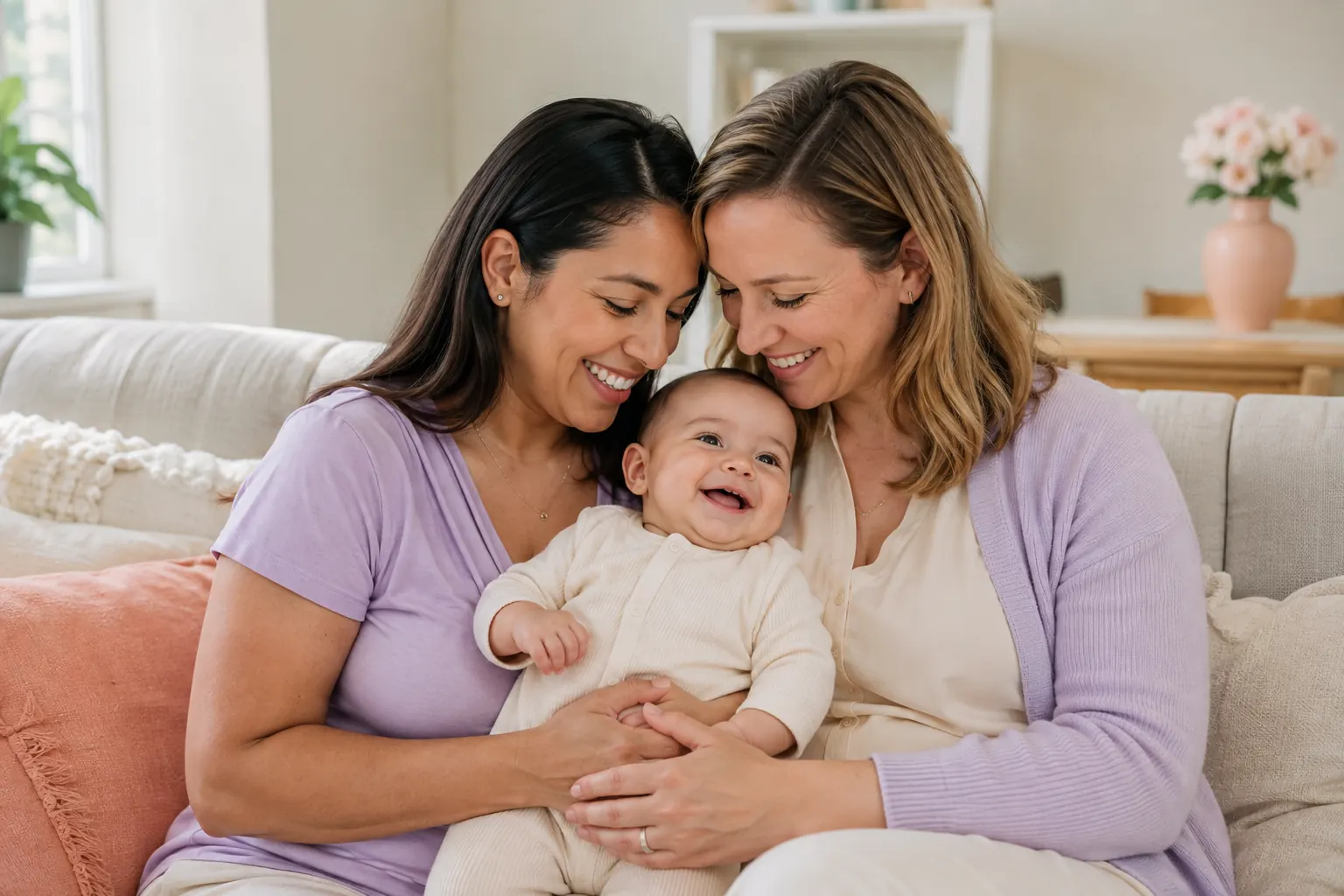 Two happy moms holding their smiling baby