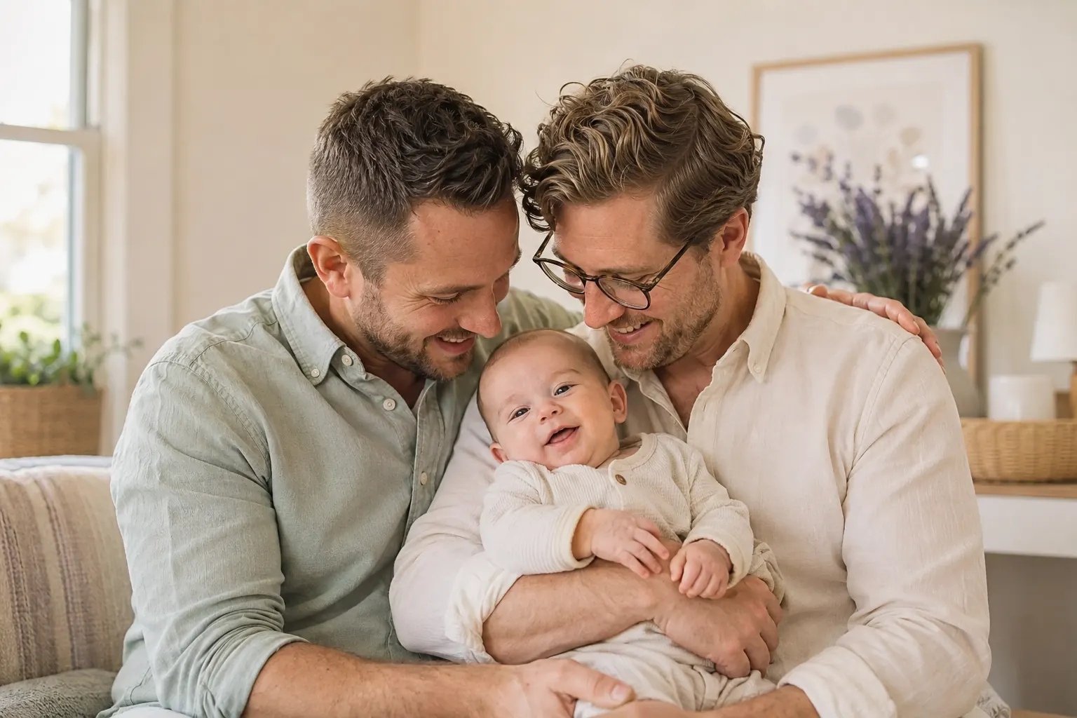 Two dads sharing a happy moment with their baby in a sunlit home